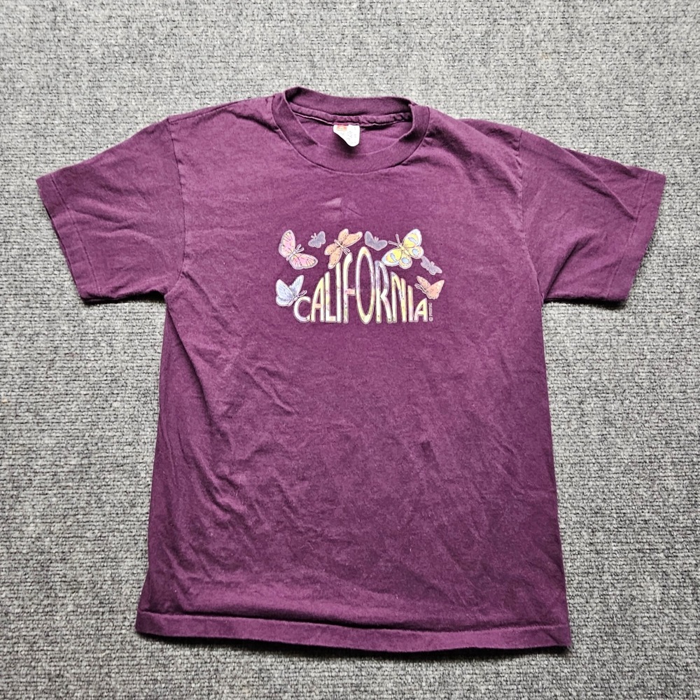 Vintage Hanes California Butterfly Graphic T-Shirt Purple Kids Large 14-16